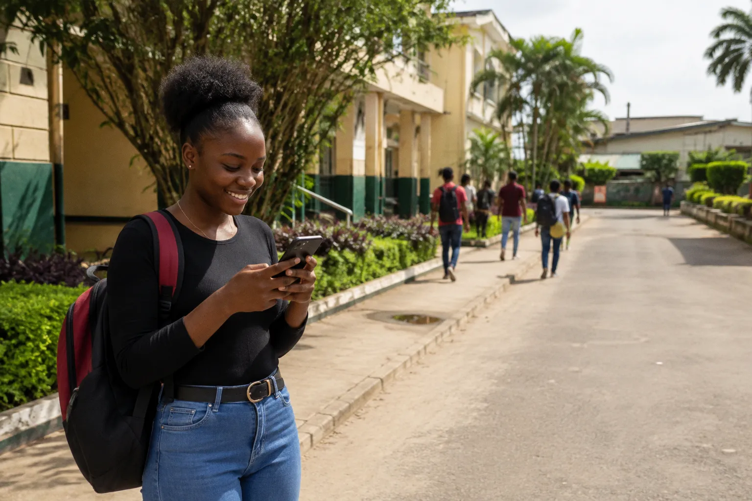 Étudiante consultant son téléphone devant le campus d’une université