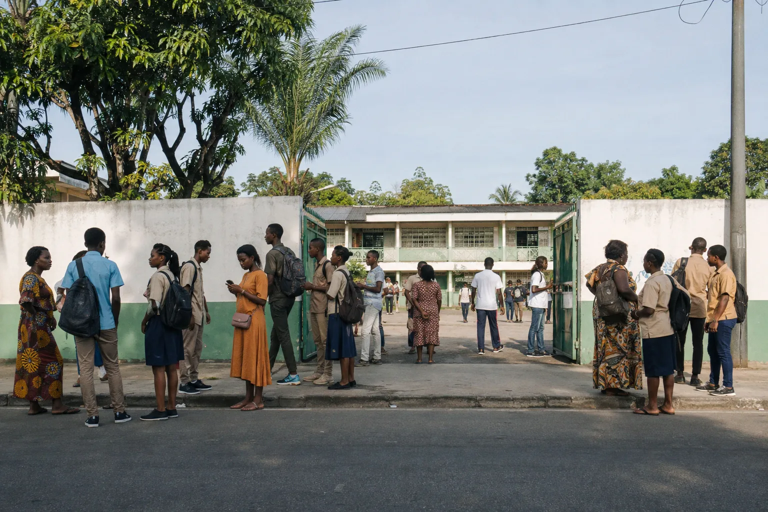 Parents et élèves devant l’entrée d’un lycée à Libreville, un matin de rentrée