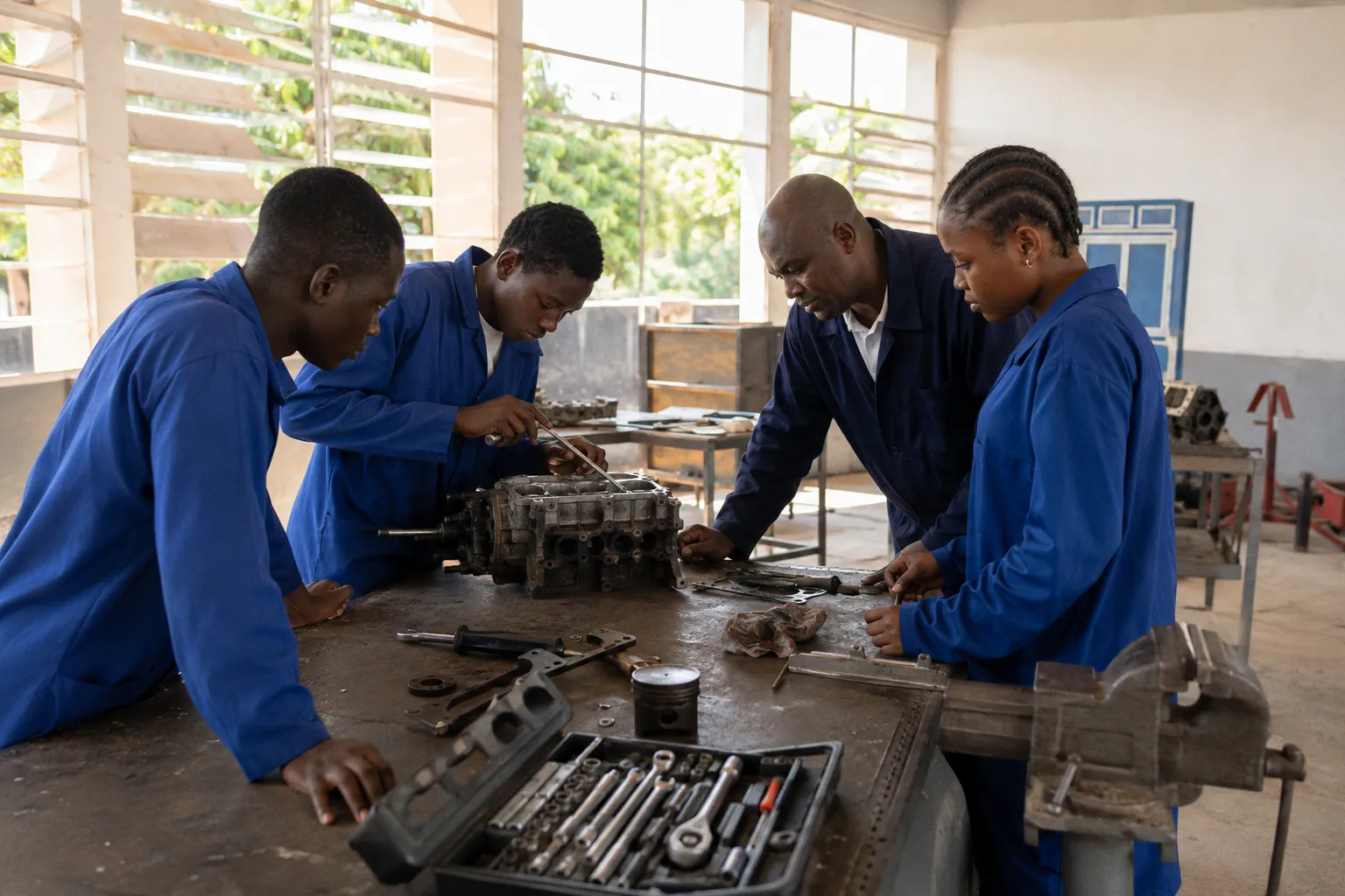 Élèves d’un lycée technique autour d’un établi, en atelier