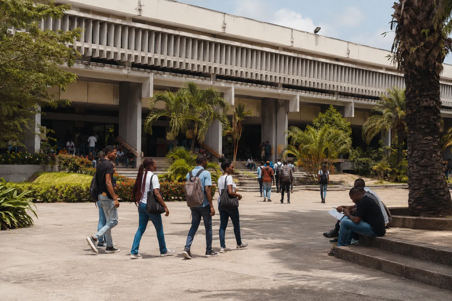 Étudiants sur le parvis du campus d’une université